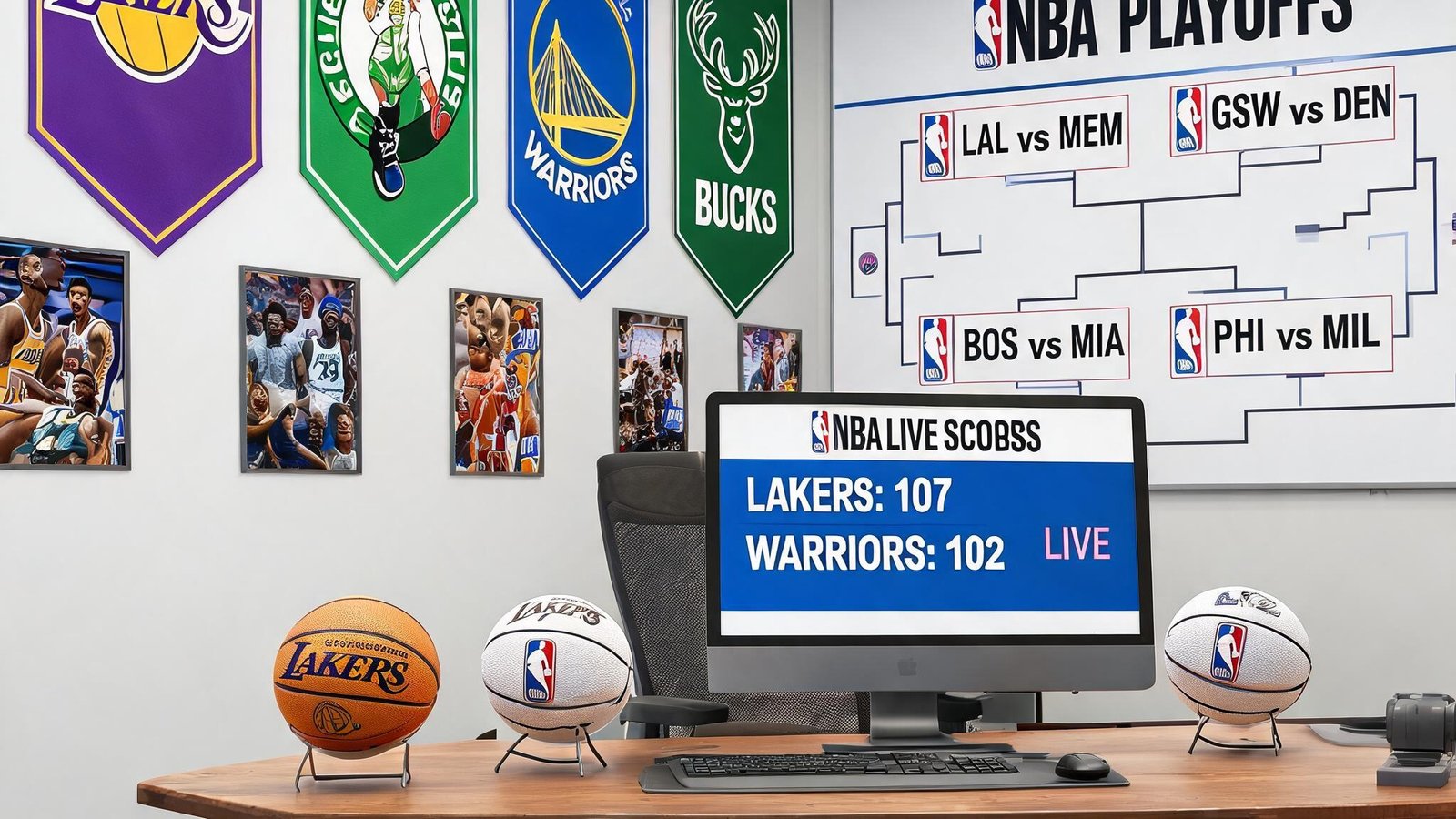 NBA比分网即时完整版团队办公室内景，墙上挂满NBA球队旗帜和季后赛对阵图，桌上摆放着篮球模型