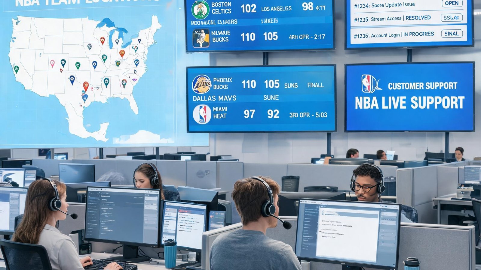 NBA比分网即时完整版的客户服务团队工作场景，背景有虚拟地图和多个屏幕显示数据