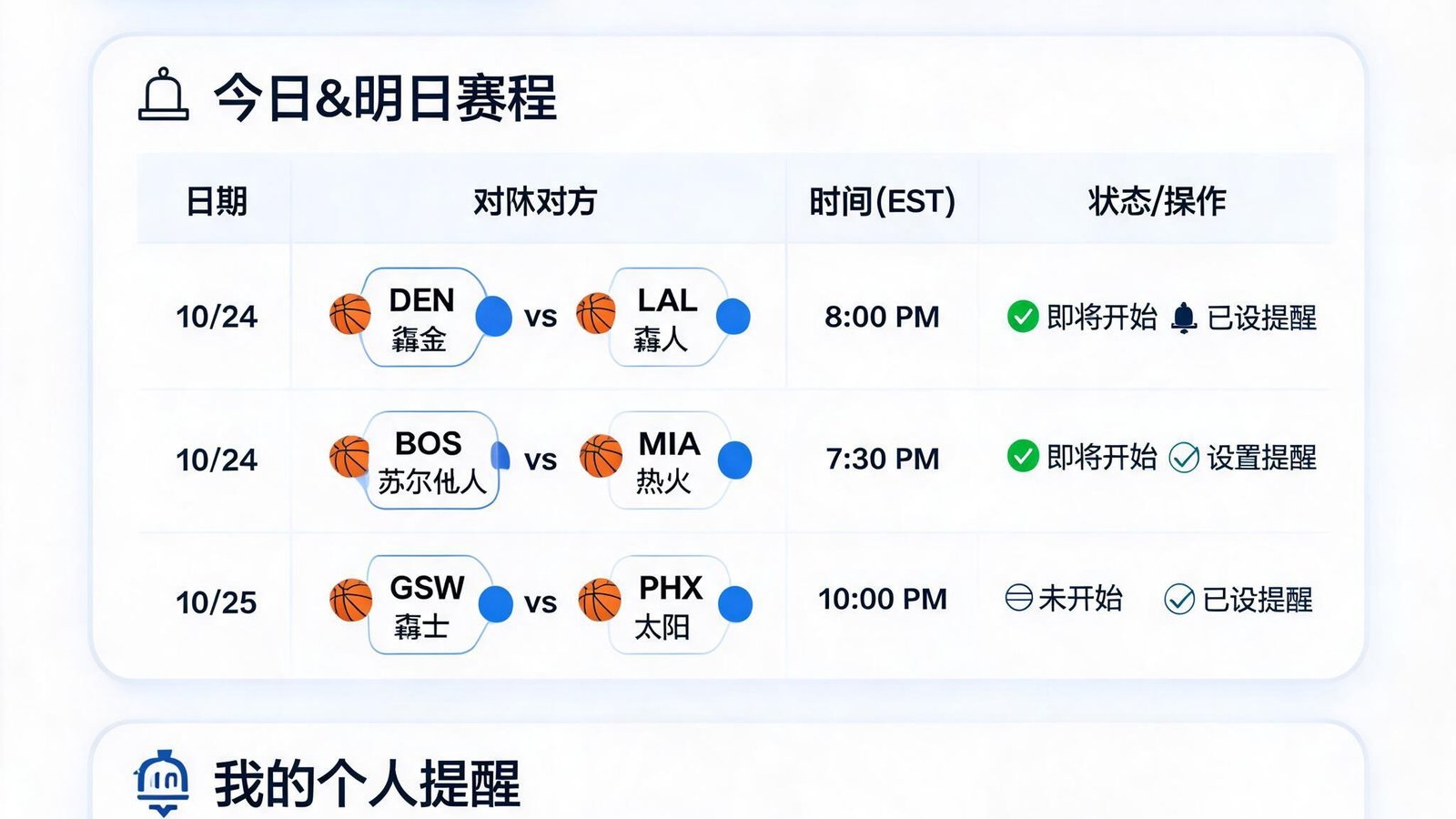 NBA比分网即时完整版的智能赛程日历与个人提醒功能界面