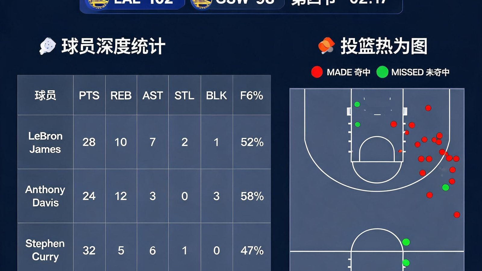 NBA比分网即时完整版的球员深度数据统计与投篮热力图