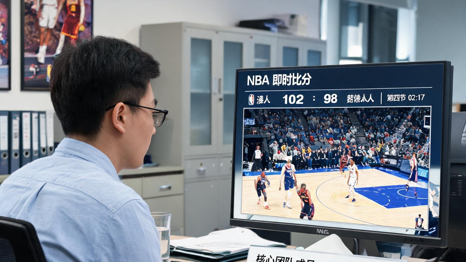 NBA比分网即时完整版核心团队成员张明，资深篮球数据分析师，在办公室分析比赛录像