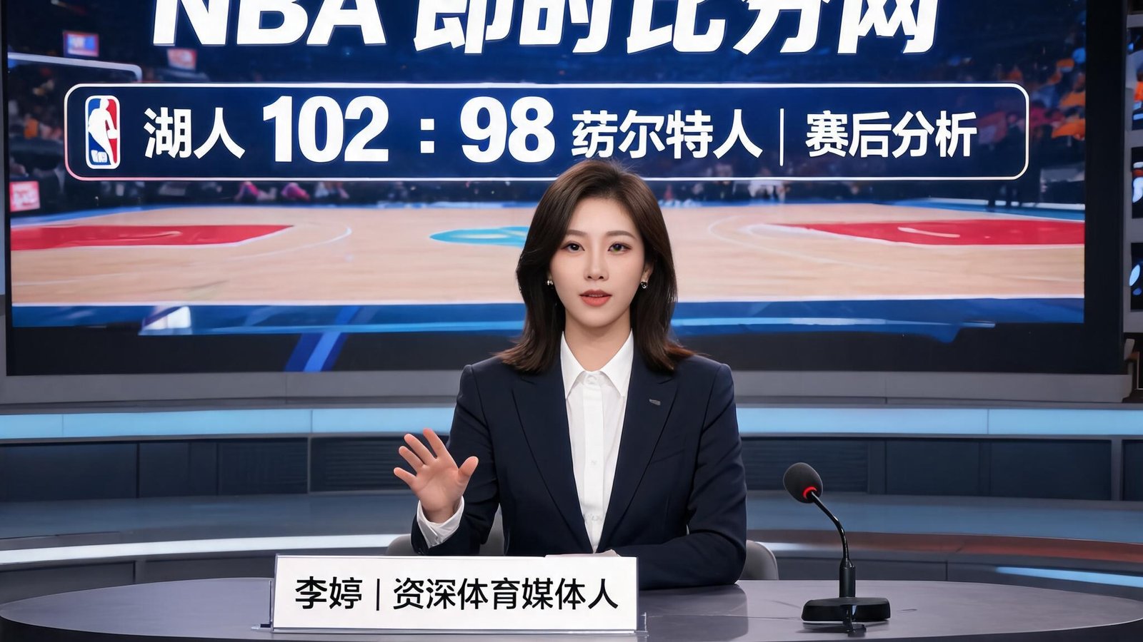 NBA比分网即时完整版核心团队成员李婷，资深体育媒体人，在演播室进行赛后分析