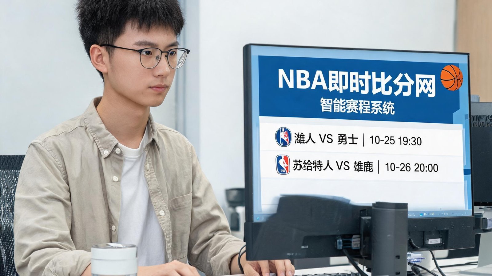 NBA比分网即时完整版核心团队成员王浩，全栈工程师，在电脑前开发智能赛程系统